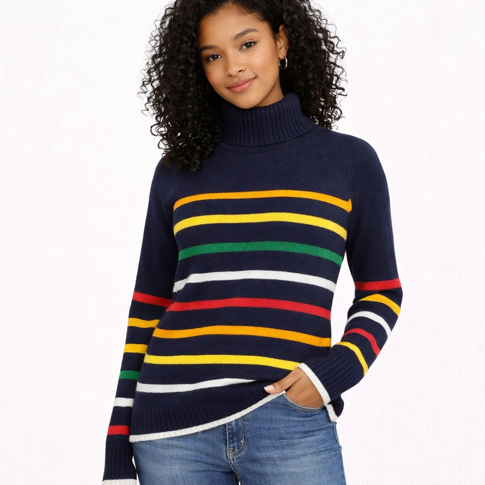 J.Crew Supersoft Navy Multistriped Turtleneck Sweater M - Picture 1 of 13